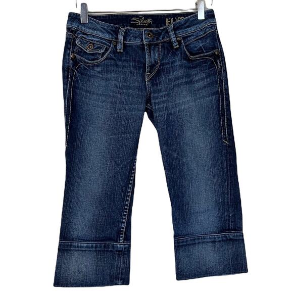 Silver Jeans Elyssa Dark Wash Contrast Stitch 6" Low Rise Capri Jeans Size 24 - Picture 1 of 10